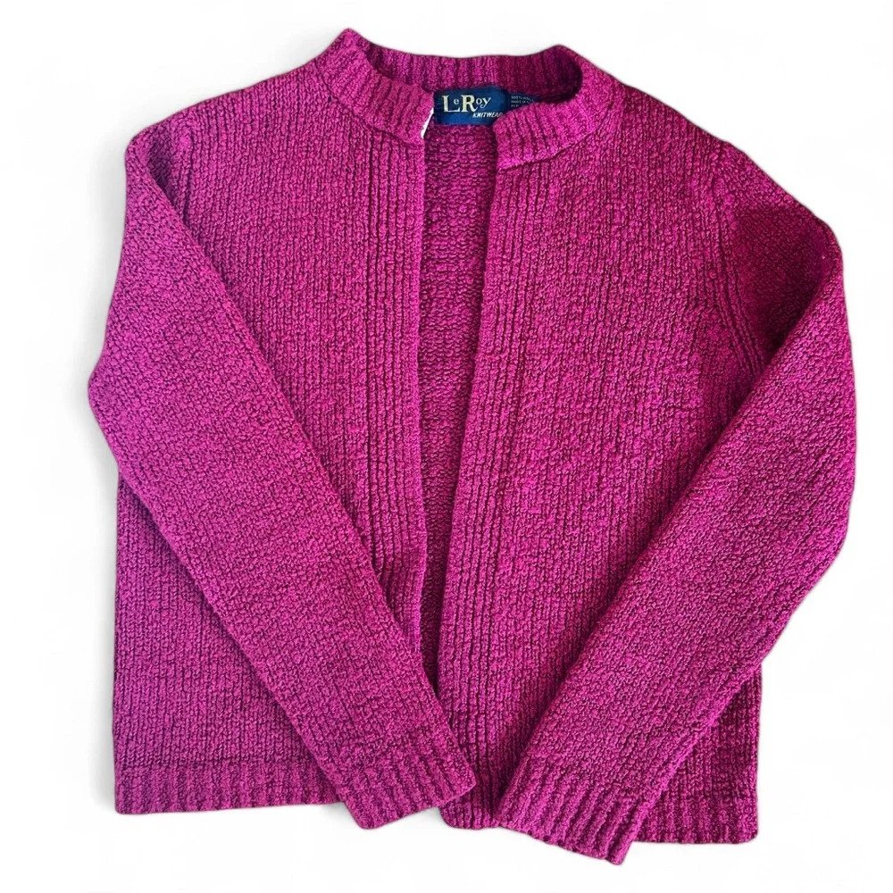 LeRoy Vintage Cardigan Sweater Size
Medium Magenta Open Front Patch Pockets 70s
